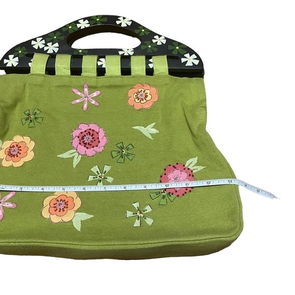 USINDO Green Fabric Purse w/Floral Design & Wooden Handles - Picture 4 of 9